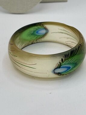 4.21.26-5 Peacock Feather Resin Bangle Bracelet - Green Accents